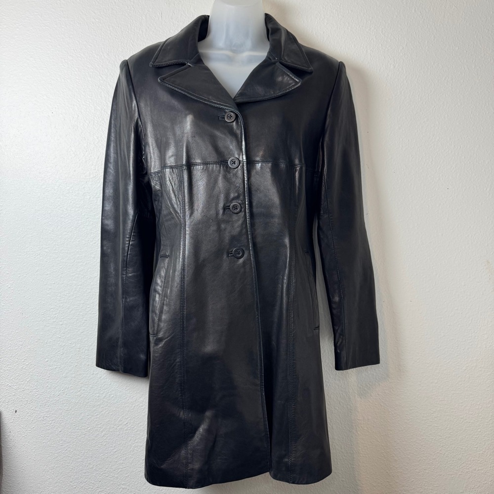 Frenchi Black Genuine Lambskin Leather Trench Coat Jacket Women Medium Y2K 90s